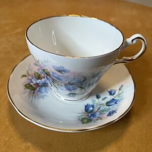 BTG Regency England Bone China Teacup & Saucer – Gold Trim & Blue Flowers